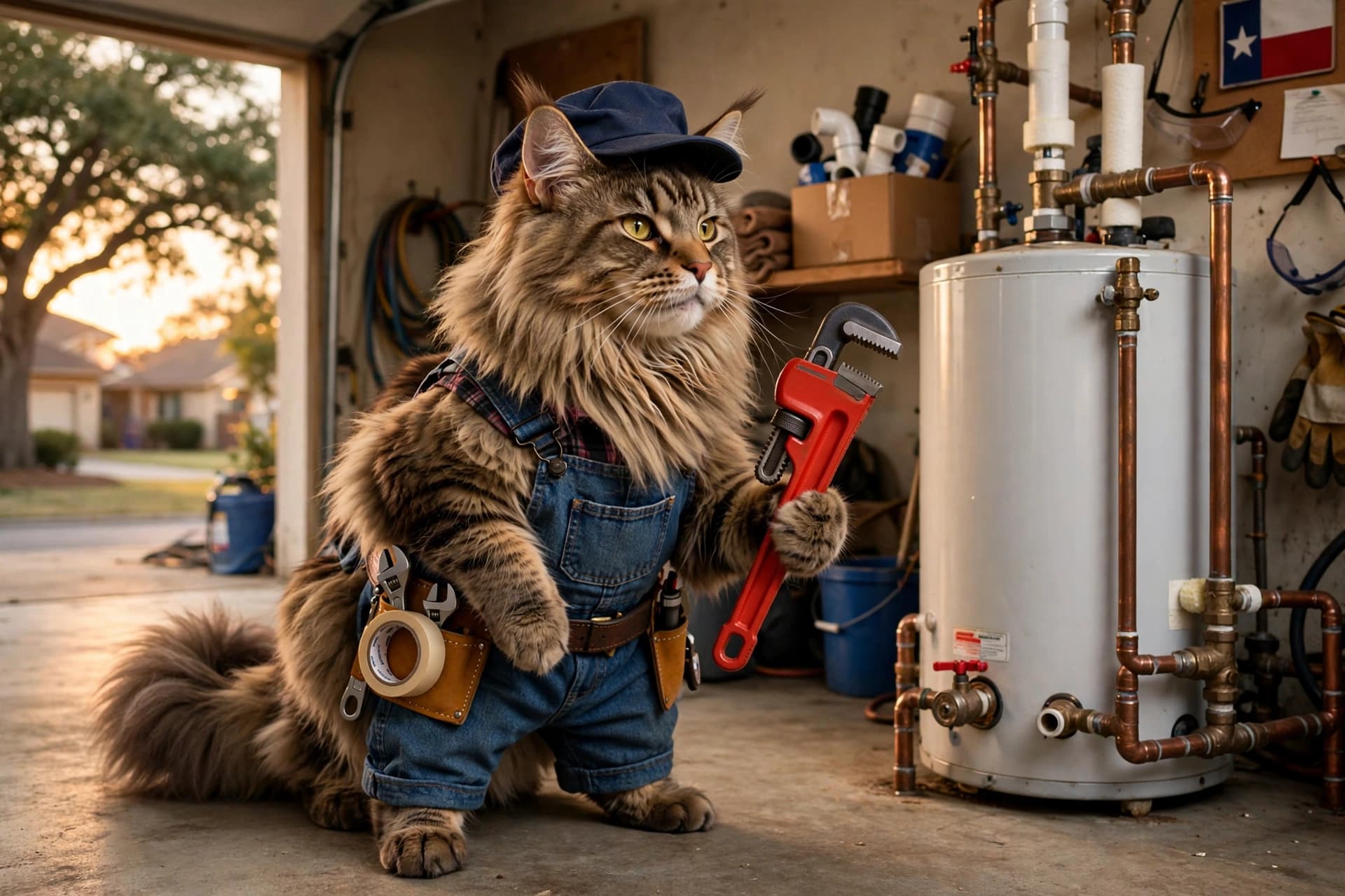 Maine Coon cat holding a pipe wrench beside a water heater