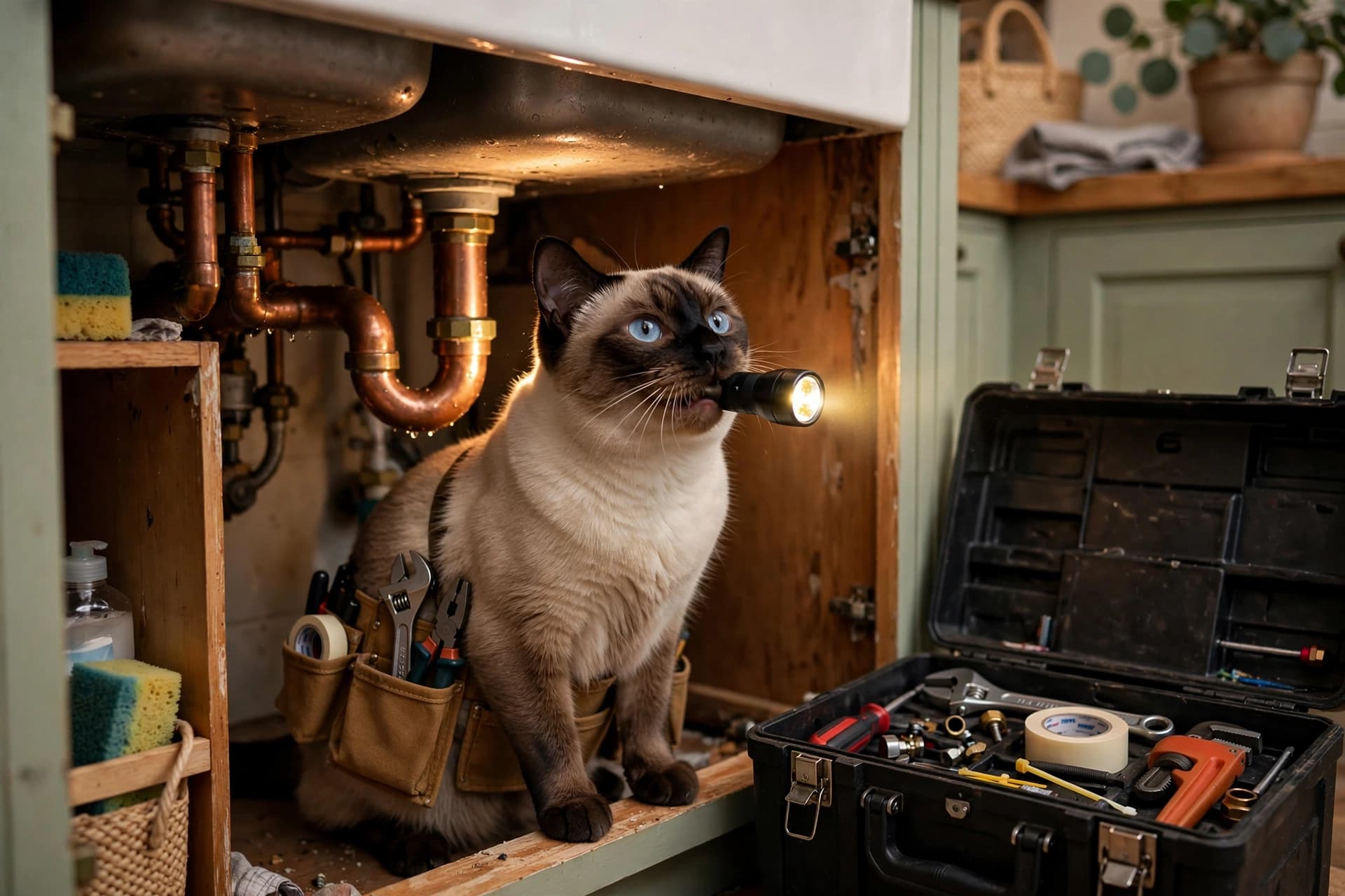 Siamese cat inspecting copper pipes under a sink