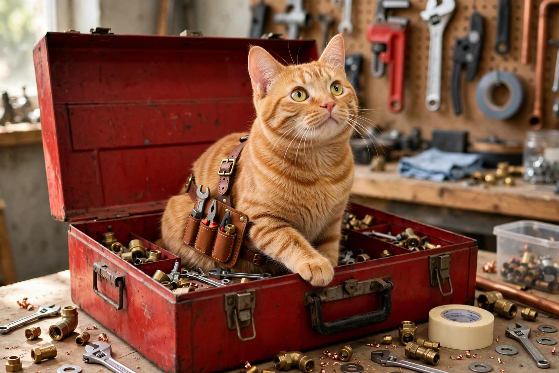 Orange tabby cat apprentice sitting in an open toolbox