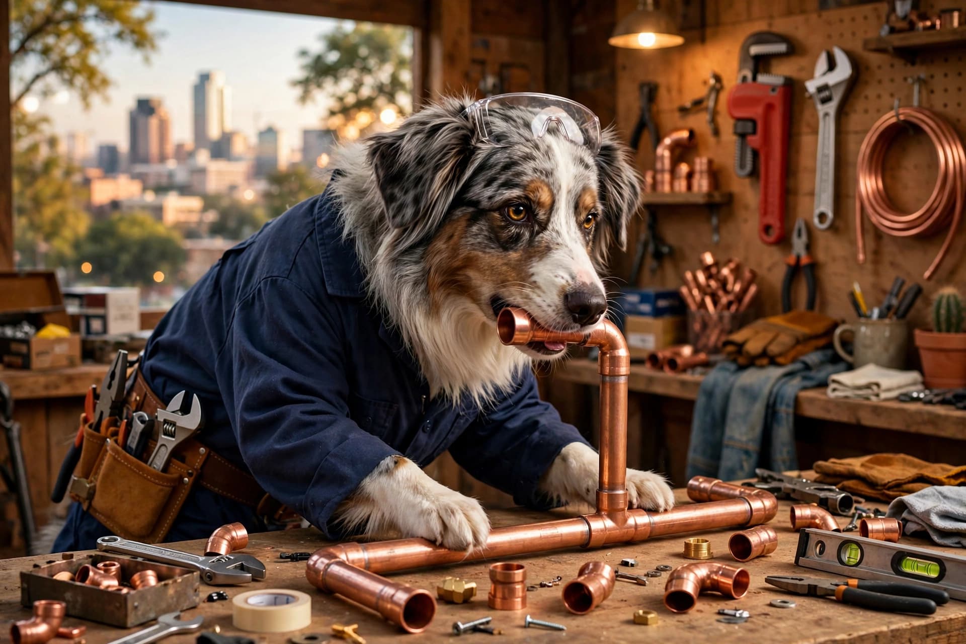 Australian Shepherd dog assembling a copper pipe layout on a workbench