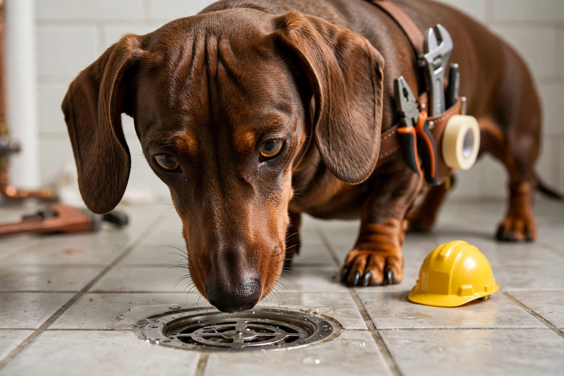 Dachshund dog inspecting a floor drain