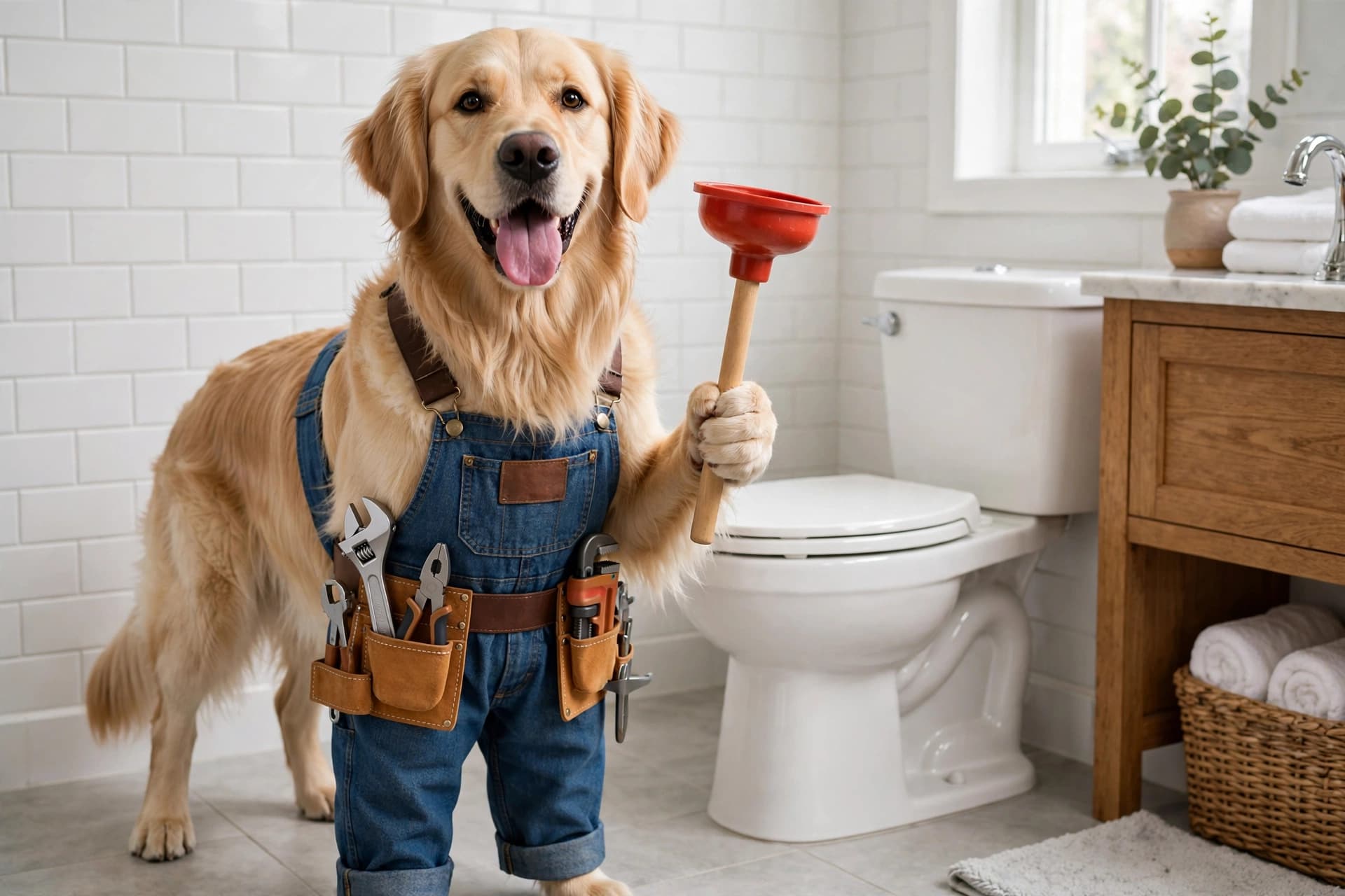 Golden Retriever dog standing with a plunger beside a toilet