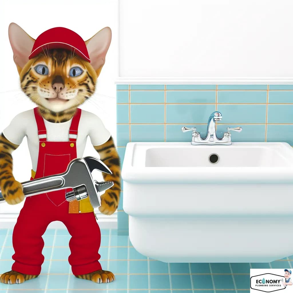 Bengal cat climbing pipes in plumber gear