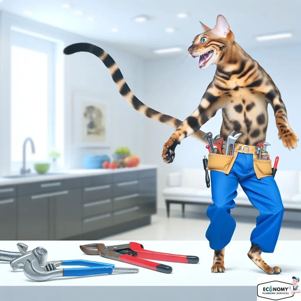 Bengal cat climbing pipes in plumber gear