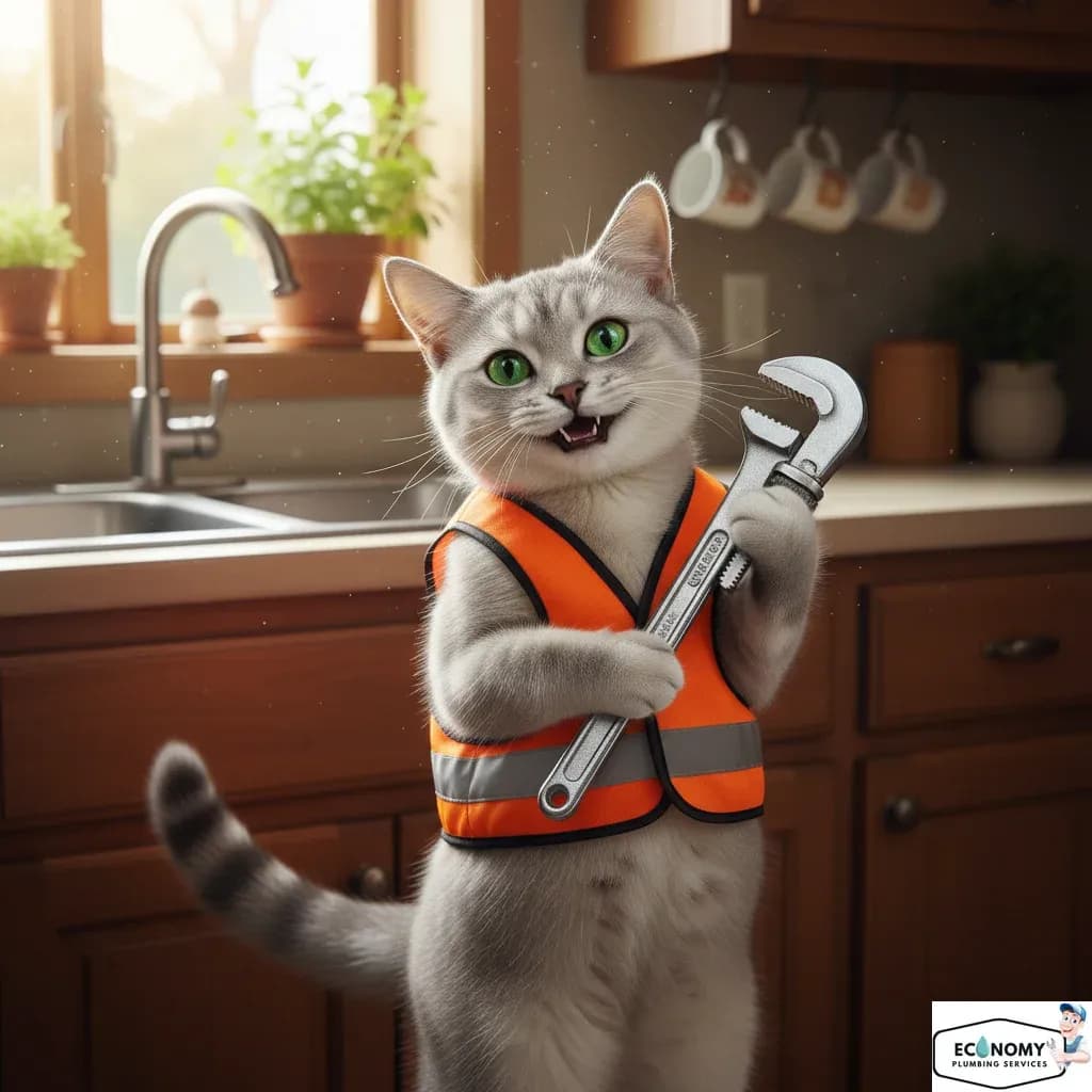 Russian Blue cat studying plumbing blueprints