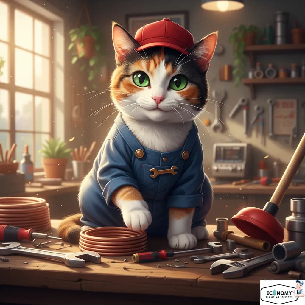 Calico cat in plumber hat working on plumbing