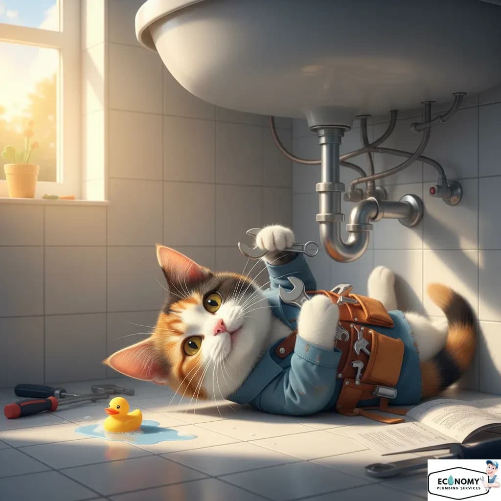 Calico cat in plumber hat working on plumbing