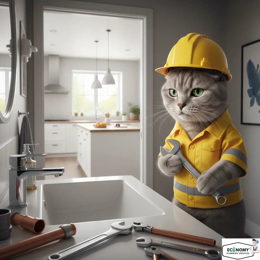 Russian Blue cat studying plumbing blueprints