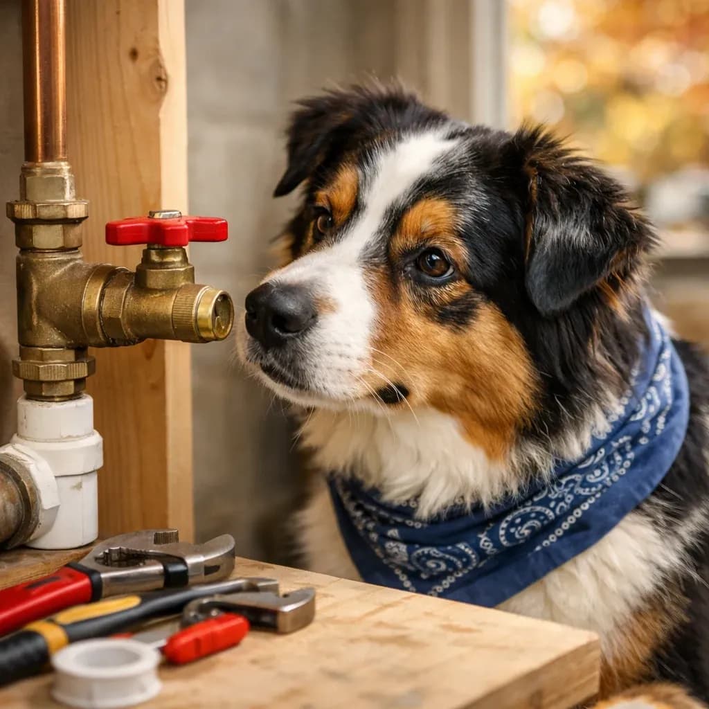 Australian Shepherd dog plumber examining a clean residential shutoff valve in Marble Falls, TX