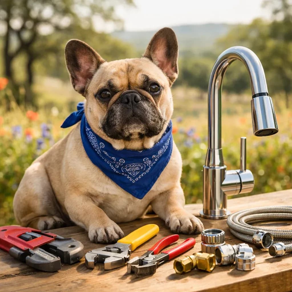 French Bulldog dog plumber organizing plumbing tools beside a new faucet in Texas Hill Country