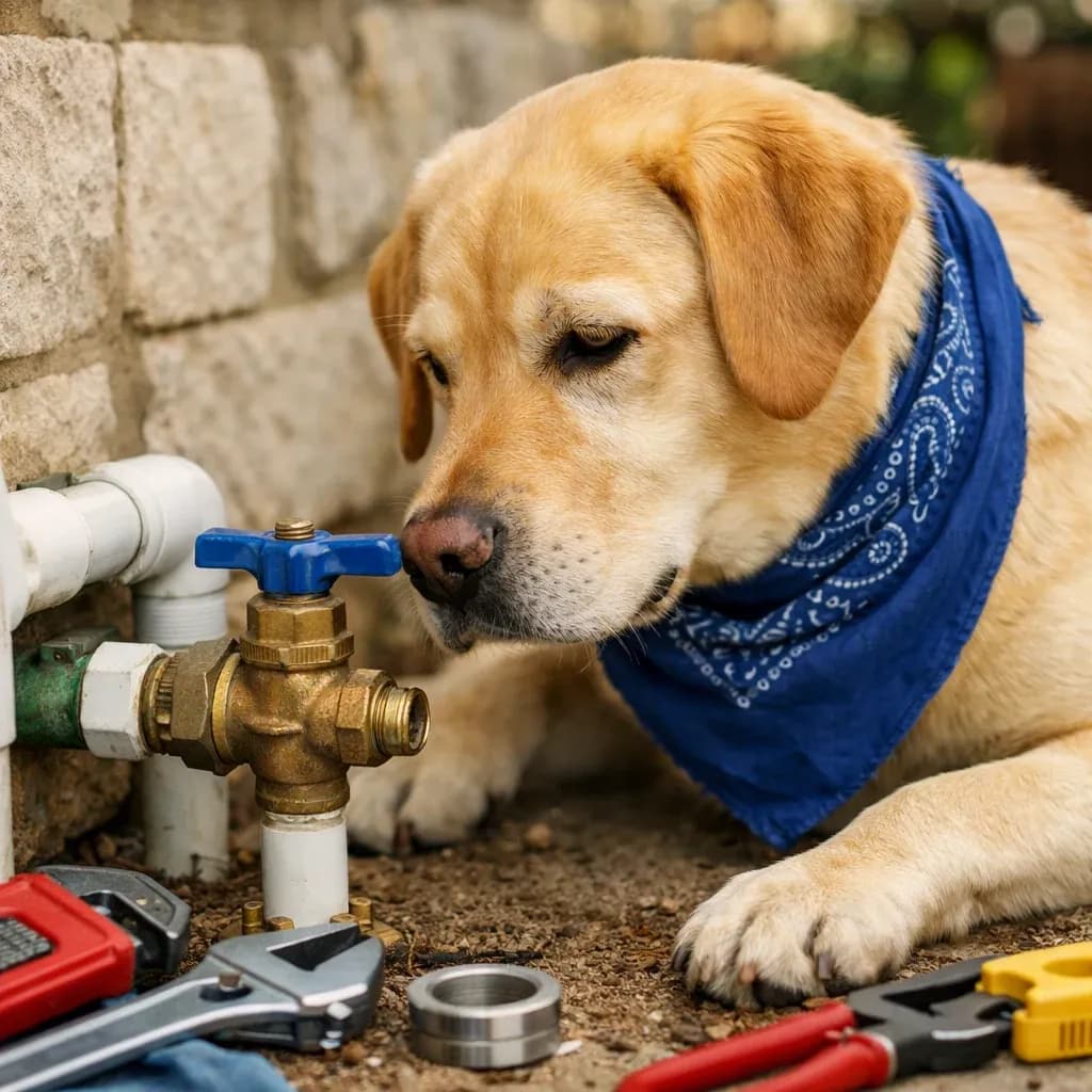 Labrador Retriever dog plumber examining a clean residential shutoff valve in Austin, TX