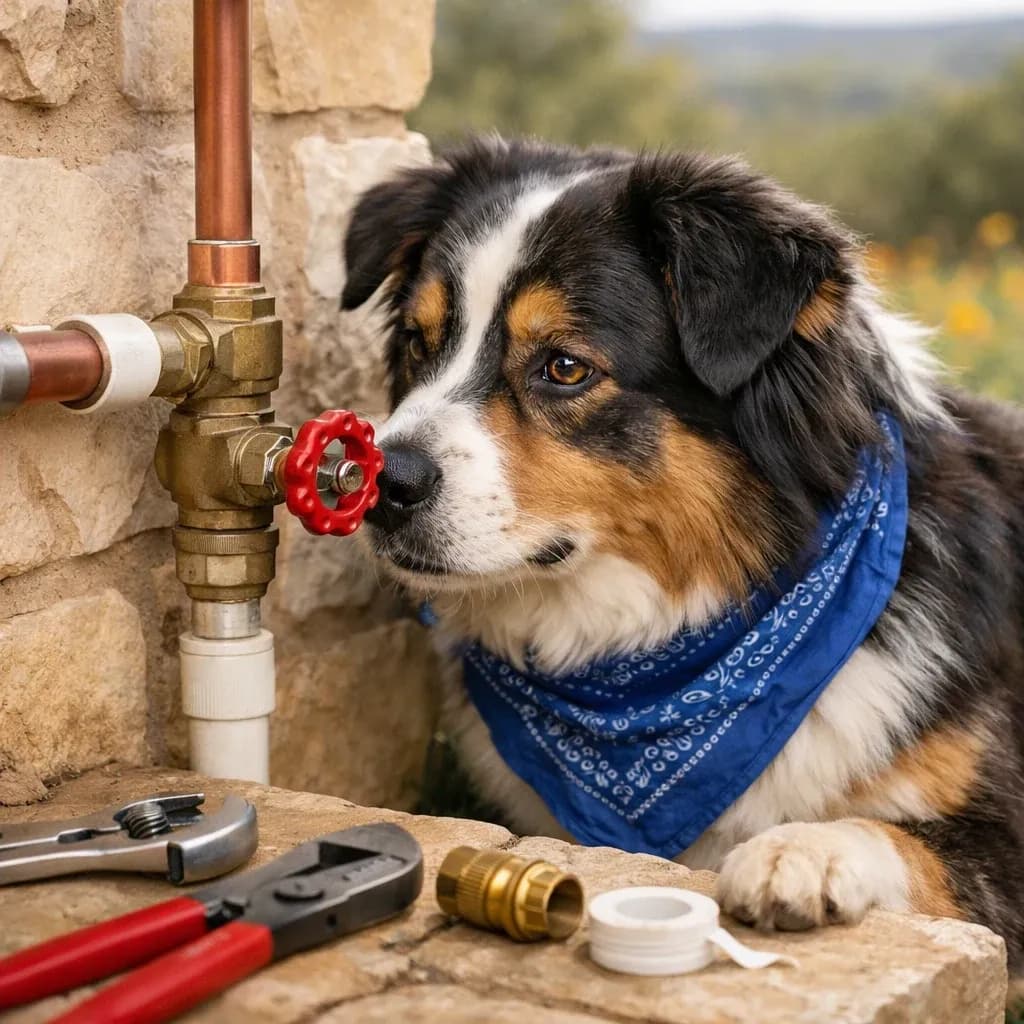 Australian Shepherd dog plumber examining a clean residential shutoff valve in Texas Hill Country