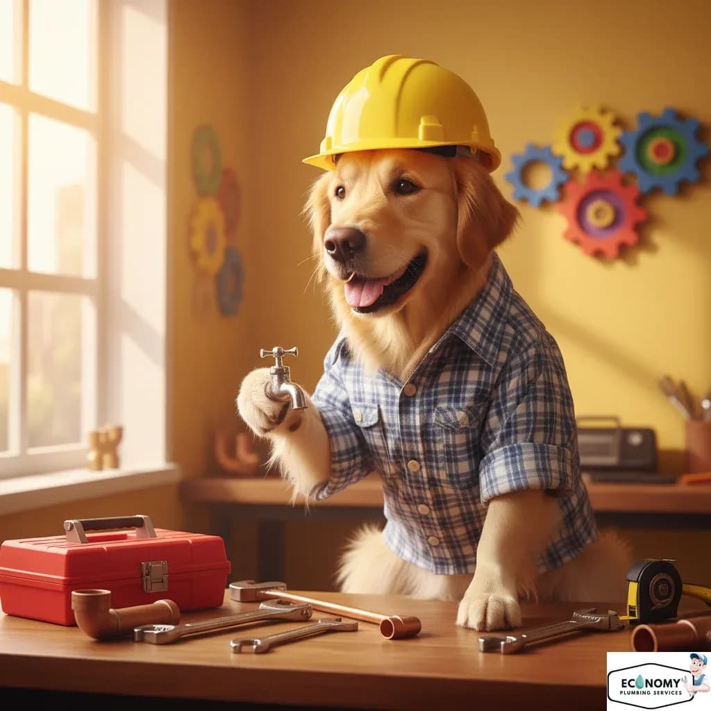 Golden Retriever dog in plumber uniform fixing plumbing