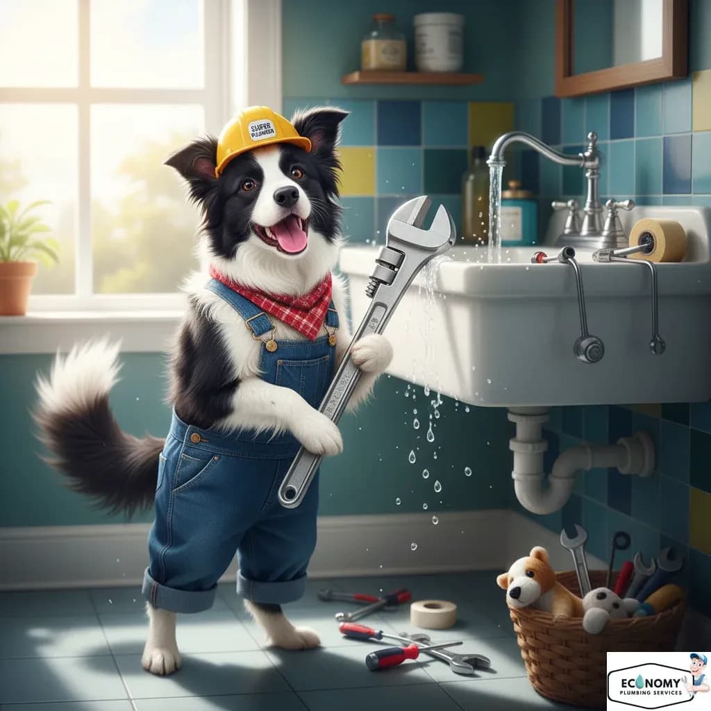 Border Collie dog in plumber hat working on plumbing