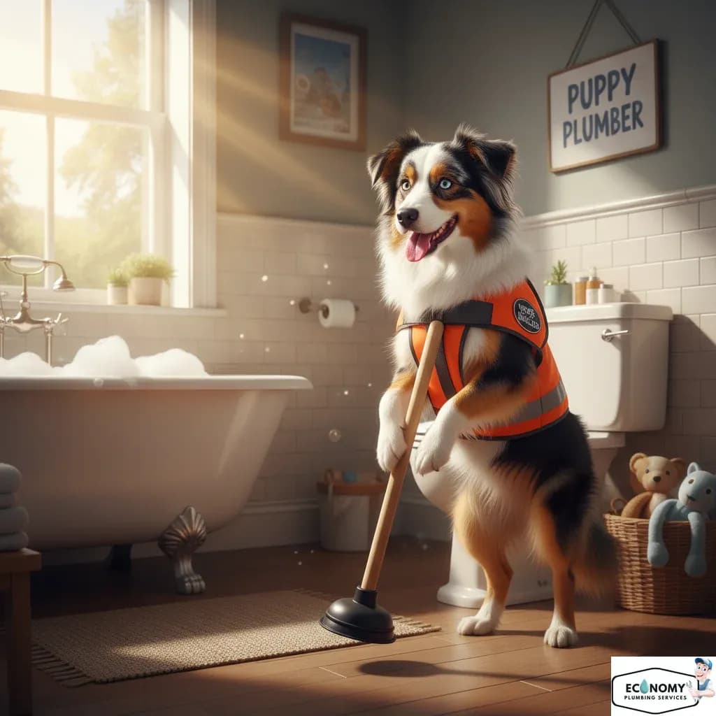 Australian Shepherd dog in plumber uniform fixing pipes