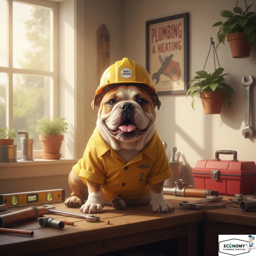 Bulldog in plumber overalls working on plumbing