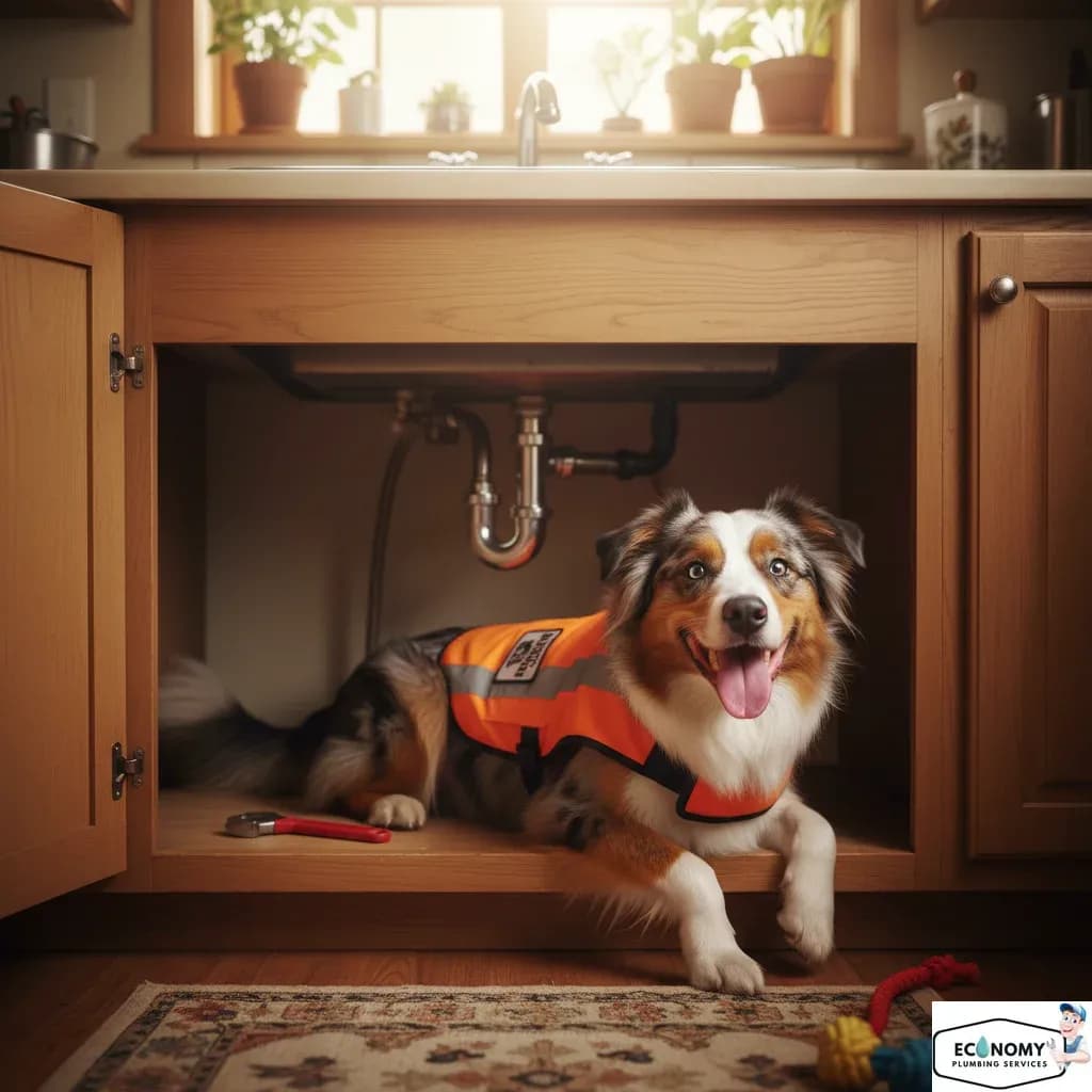 Australian Shepherd dog in plumber uniform fixing pipes