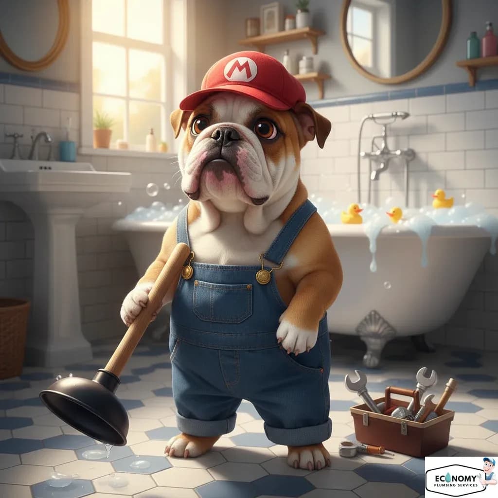 Bulldog in plumber overalls working on plumbing