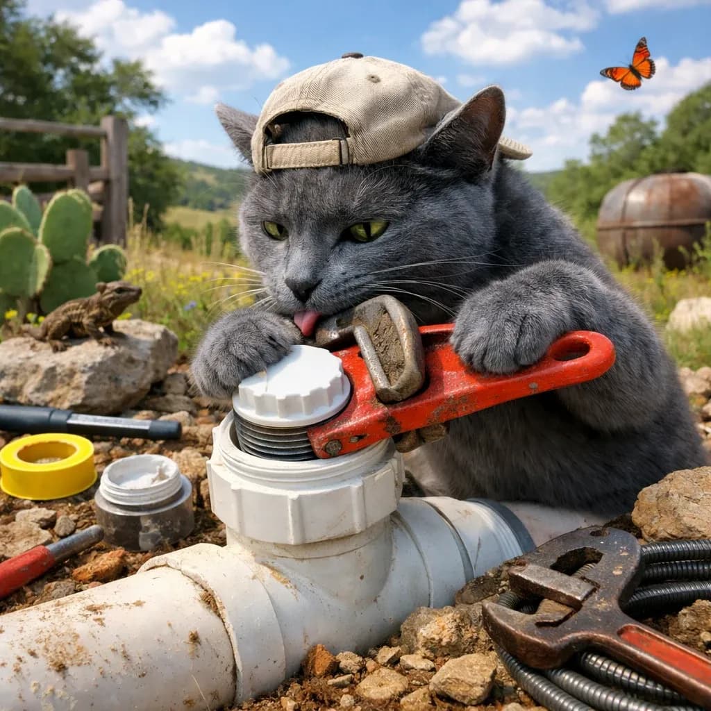 Russian Blue cat plumber sealing a threaded cleanout plug on a drain line in Texas Hill Country
