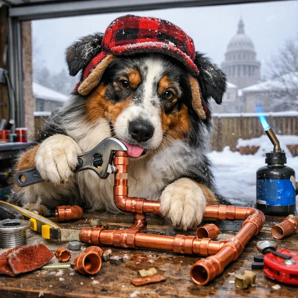 Australian Shepherd dog plumber assembling a copper pipe layout on a workbench in Austin, TX